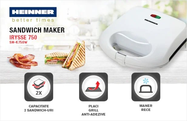 Heinner SM-K750WH sandwich maker cu plăci antiaderente fixe tip grill, ideal pentru preparate rapide și gustoase acasă