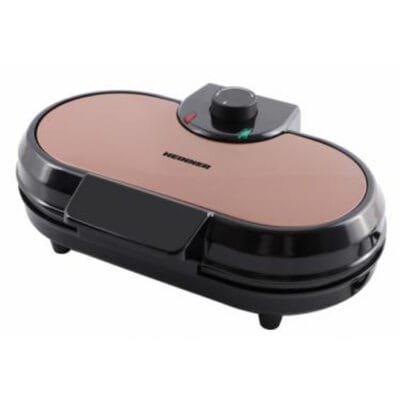 Aparat de făcut gofre Heinner HWF-1000CR, putere 1000W, plăci cu înveliș antiaderent, temperatură reglabilă, indicator luminos ON și gata de a face, maner rece, design negru cu accente arămii, plăci gofre folosi inimă