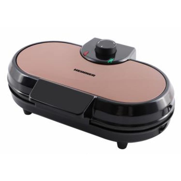 Aparat de făcut gofre Heinner HWF-1000CR, putere 1000W, plăci cu înveliș antiaderent, temperatură reglabilă, indicator luminos ON și gata de a face, maner rece, design negru cu accente arămii, plăci gofre folosi inimă