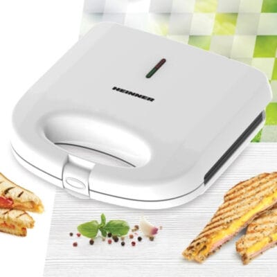 Aparatul Heinner pentru 2 sandwich-uri, arătând depozitarea verticală și mâner rece la atinger