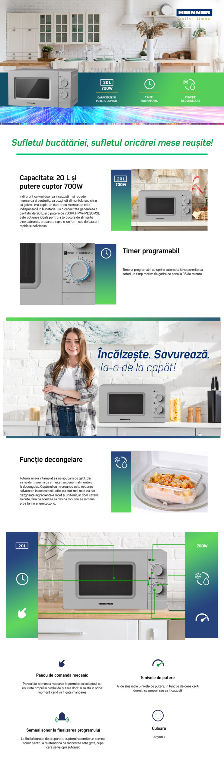 Cuptor cu microunde Heinner HMW-MD20MSL, capacitate 20 litri, GRI