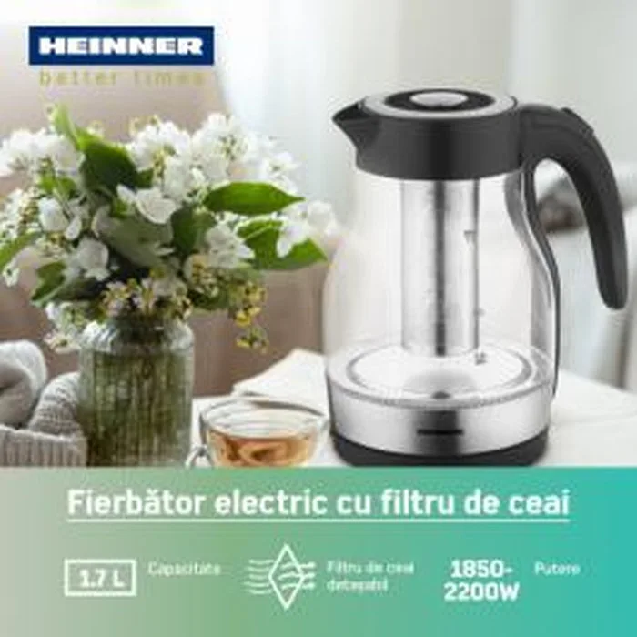 Fierbător electric Heinner HEK-TF2200GBK, capacitate 1.7 litri, power 1850-2200W, oprire automată