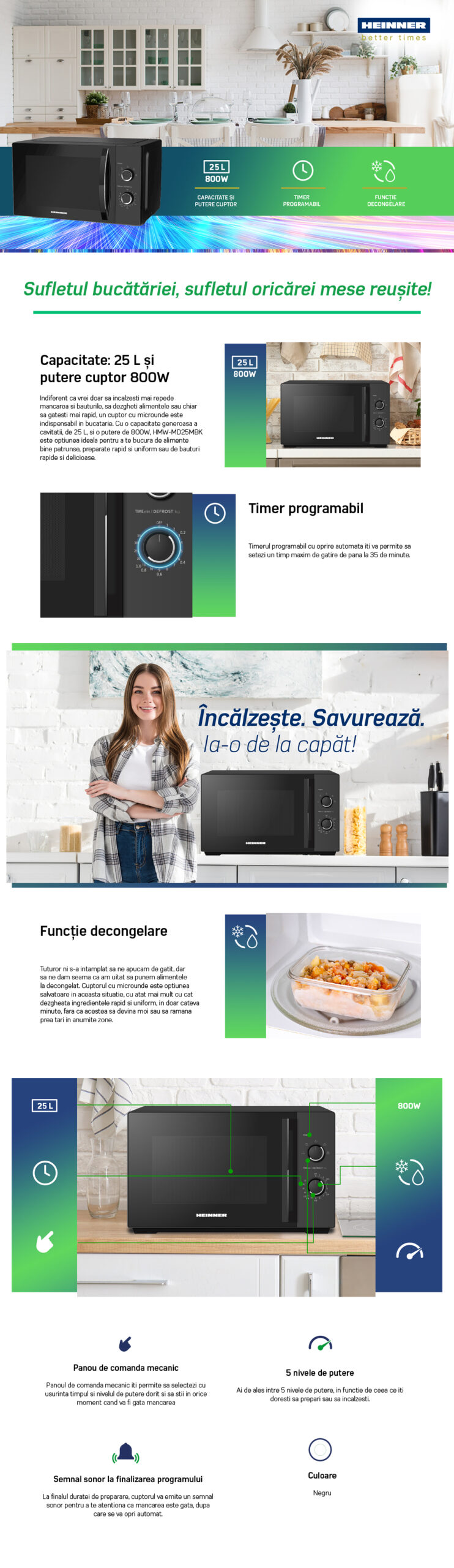 Cuptor cu microunde Heinner HMW-MD25MBK – panou de control mecanic-imaginea-prinicpala