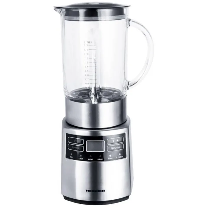 Blender de masă Heinner HBL-1000XMC, putere 1000W, bol de sticlă 1.5L, display LCD și 5 viteze cu funcție Pulse, design inox modern