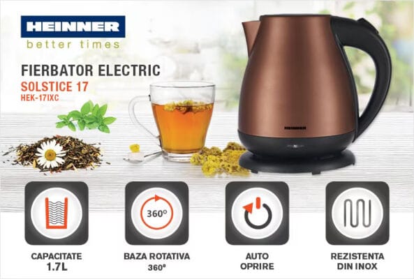 Fierbător electric Heinner HEK-17IXC, capacitate 1.7 litri, design inox maro, bază rotativă 360 de grade, element incalzire din inox