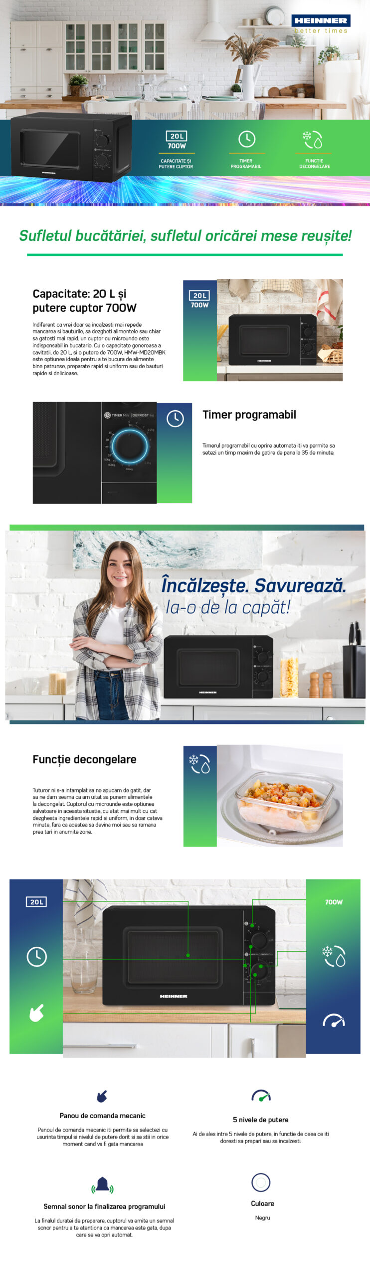 Cuptor cu microunde Heinner HMW-MD20MBK, capacitate 20 litri, putere 700W, control mecanic, culoare negru, cu 5 trepte de putere și funcție de decongelare
