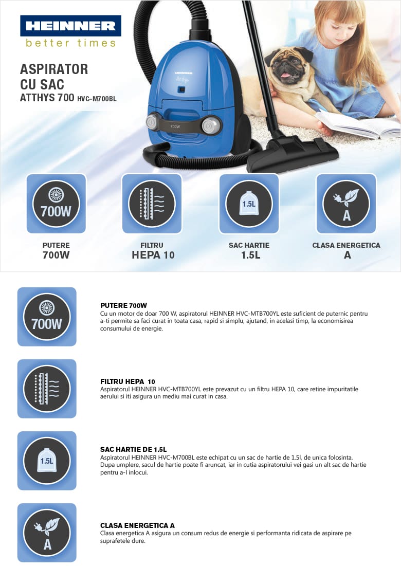 Aspirator cu sac Heinner HVC-M700BL, 700W, 100W putere de absorbție, filtru HEPA 10, 2 saci hârtie, cablu 5m, albastru