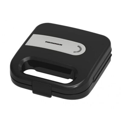 Aparat compact pentru prepararea rapidă a două sandwich-uri simultan, model Heinner SM-K750FSBK, cu protecție la supraîncălzire și mâner primi pentru siguranță