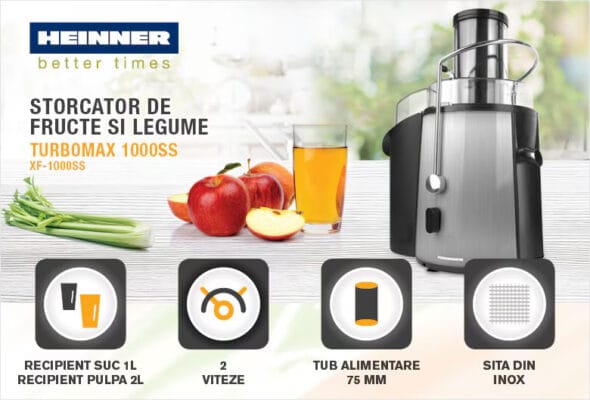 Storcător de fructe Heinner TurboMax XF 1000SS din inox, 1000W, recipient suc 1L și recipient pulpă 2L