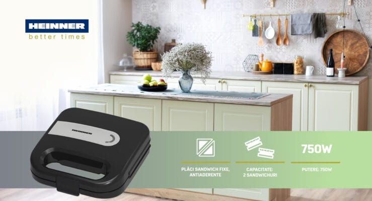 Aparat compact pentru prepararea rapidă a două sandwich-uri simultan, model Heinner SM-K750FSBK, cu protecție la supraîncălzire și mâner primi pentru siguranță