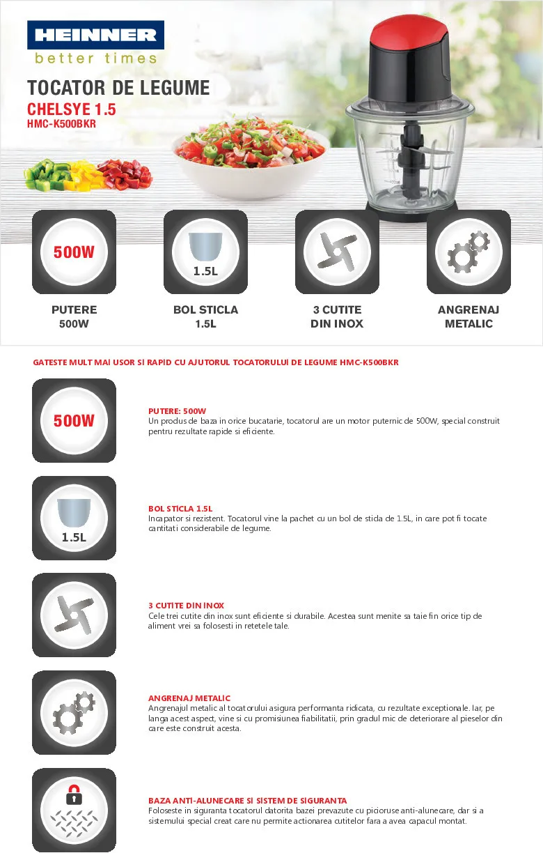 Tocator de legume Heinner HMC-K500BKR cu bol din sticlă