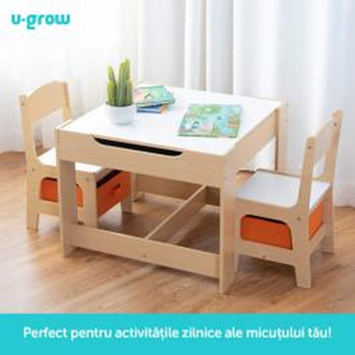 Set masă lemn natur U-Grow cu scaune și sertare portocalii