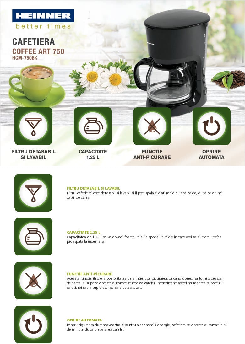 Cafetieră Heinner HCM-750BK 750W capacitate 1.25L culoare neagră-imagine principala