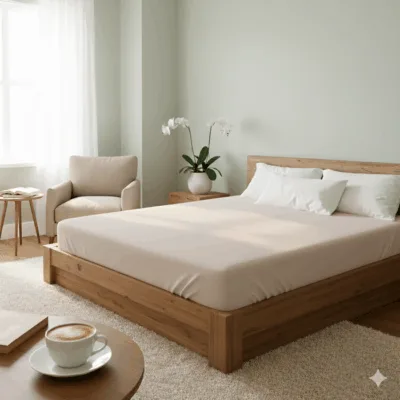 Cearceaf de pat cu elastic crem140x200 cm – 100% bumbac, 144TC