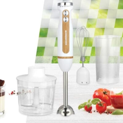 Accesorii din inox ale blenderului Heinner BestMix HB-DC600WH: tocător, pahar și tel