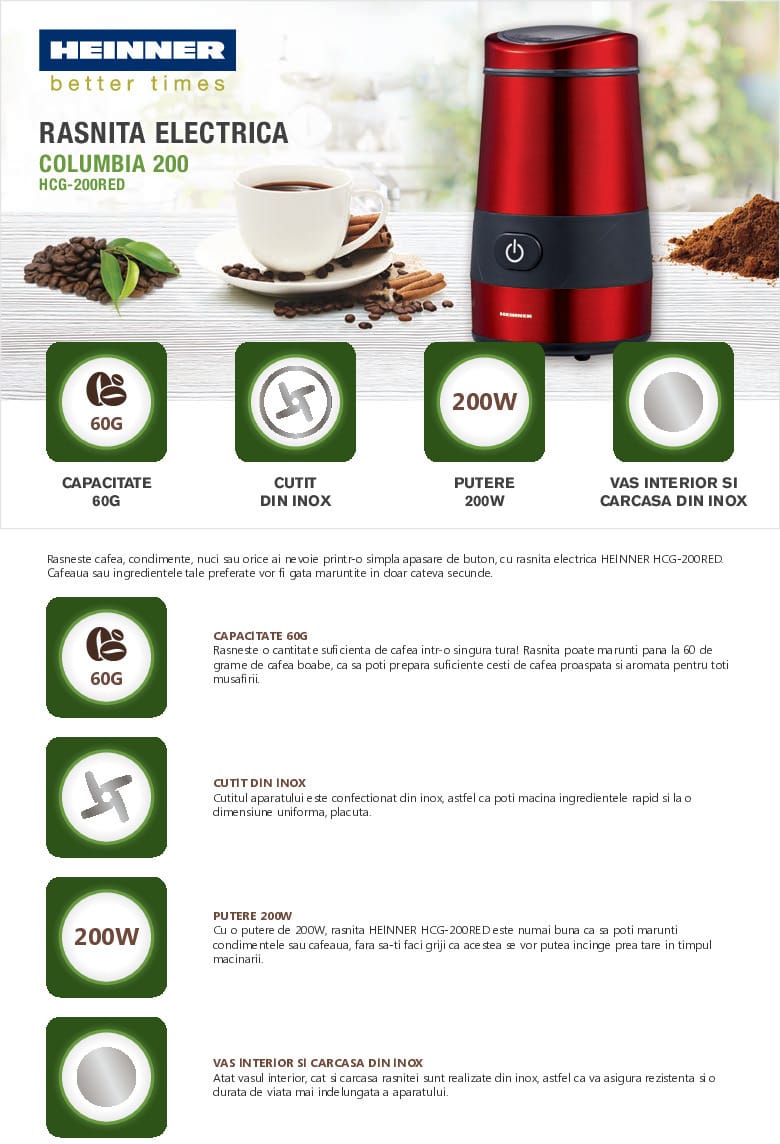 Râșniță electrică Heinner HCG-200RED cu carcasă din inox