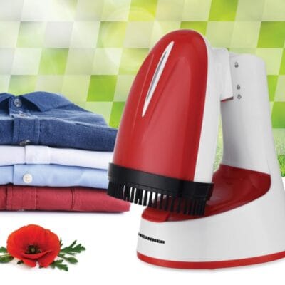 Aparat de călcat vertical Heinner HGS-1400RD, 1470W, talpă inox, abur continuu, design compact pliabil, perie inclusă, roșu cu alb