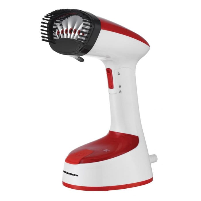 Aparat de călcat vertical Heinner HGS-1400RD, 1470W, talpă inox, abur continuu, design compact pliabil, perie inclusă, roșu/alb