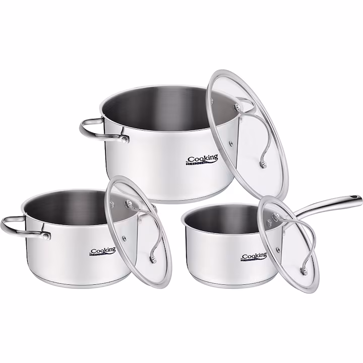 Set de gătit 6 piese Heinner Anna din inox cu capace din sticlă termorezistentă