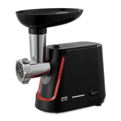 Mașină de tocat carne Heinner MG-1250BK cu motor 1340W, culoare neagră, cu accesorii pentru cârnaț și kibbe incluse