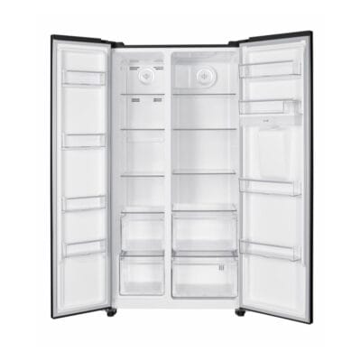 Interior frigider Side by Side Heinner cu rafturi din sticlă