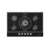 Plita incorporabila Heinner HBH-M705IWFGBK, vedere de sus, 5 arzatoare pe gaz si suprafata din sticla neagra cu gratare din fonta