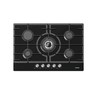 Plita incorporabila Heinner HBH-M705IWFGBK, vedere de sus, 5 arzatoare pe gaz si suprafata din sticla neagra cu gratare din fonta