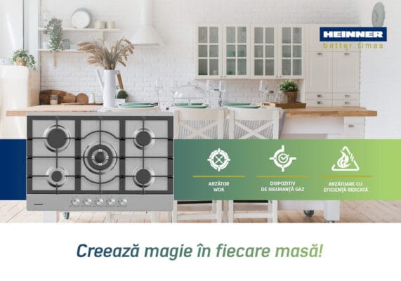 prezentare plită pe gaz Heinner din inox cu aprindere electrică