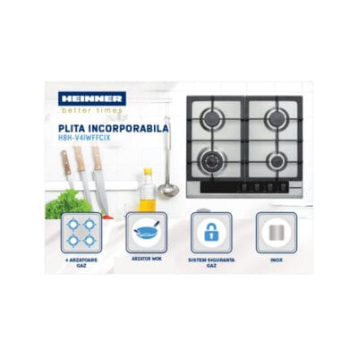 Plită incorporabilă pe gaz Heinner HBH-V4IWFFCIX, 59 cm