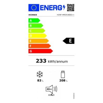 Eticheta energetică combina frigorifica Heinner HCNF-HM291WDE++, cu dozator apa, alb