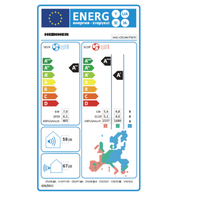 Eticheta energetica Aer conditionat Heinner Crystal HAC-CR24KITWIFI 24000 BTU cu functie Turbo