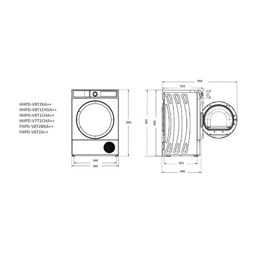 Dimensiuni Uscător Heinner HHPD-V8T1CHA++ cu display LED și 15 programe de uscare