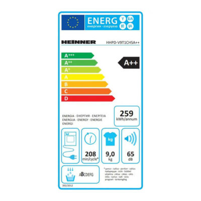 Eticheta energetică Uscător Heinner HHPD-V9T1CHSA++ gri cu display LED și 15 programe de uscare