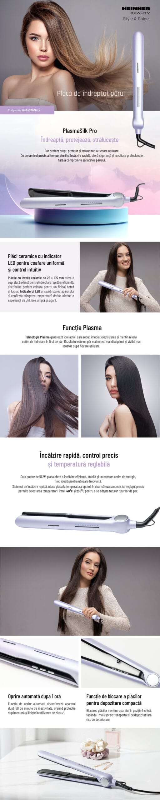 Placă de îndreptat Heinner HHS-Y230DP-LV cu înveliș ceramic, temperatura reglabila