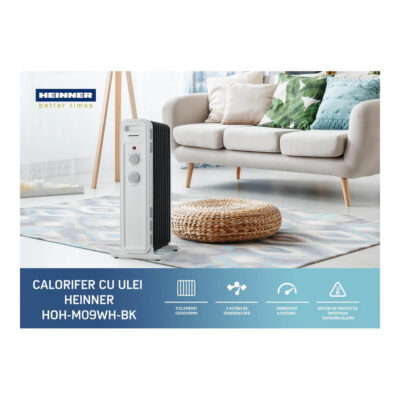 Calorifer cu ulei Heinner HOH-M09WH-BK, 9 elemenți, 2000W, 3 trepte de putere, termostat ajustabil, alb/negru - imagine 5
