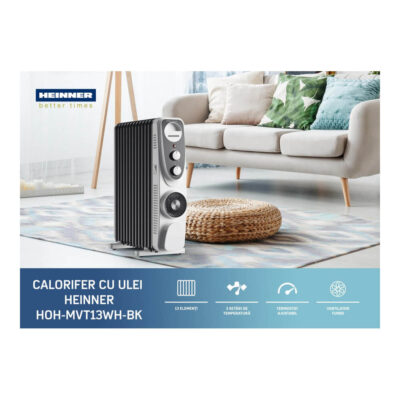 Calorifer cu ulei Heinner HOH-MVT13WH-BK, 13 elemenți, 2500W, ventilator Turbo, 3 trepte, alb/negru - imagine 5