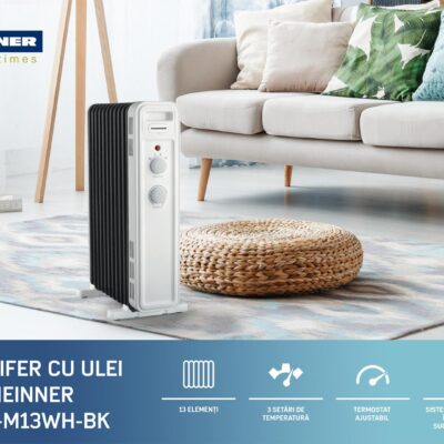 Calorifer cu ulei Heinner HOH-M13WH-BK, 13 elemenți, 2500W, 3 trepte de putere, termostat ajustabil, alb/negru - imagine 4
